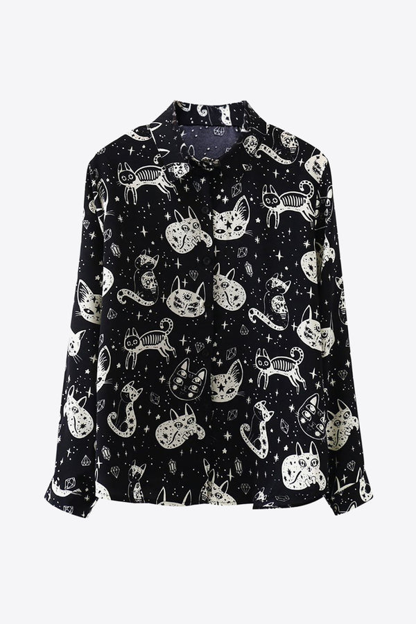 Cat Print Button-Up Shirt-Teresa's Fashionista LLC