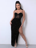 Sequin spliced mesh adjustable strap dress with sweetheart neckline and side split.