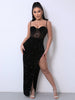 Sequin spliced mesh adjustable strap dress with sweetheart neckline and side split.