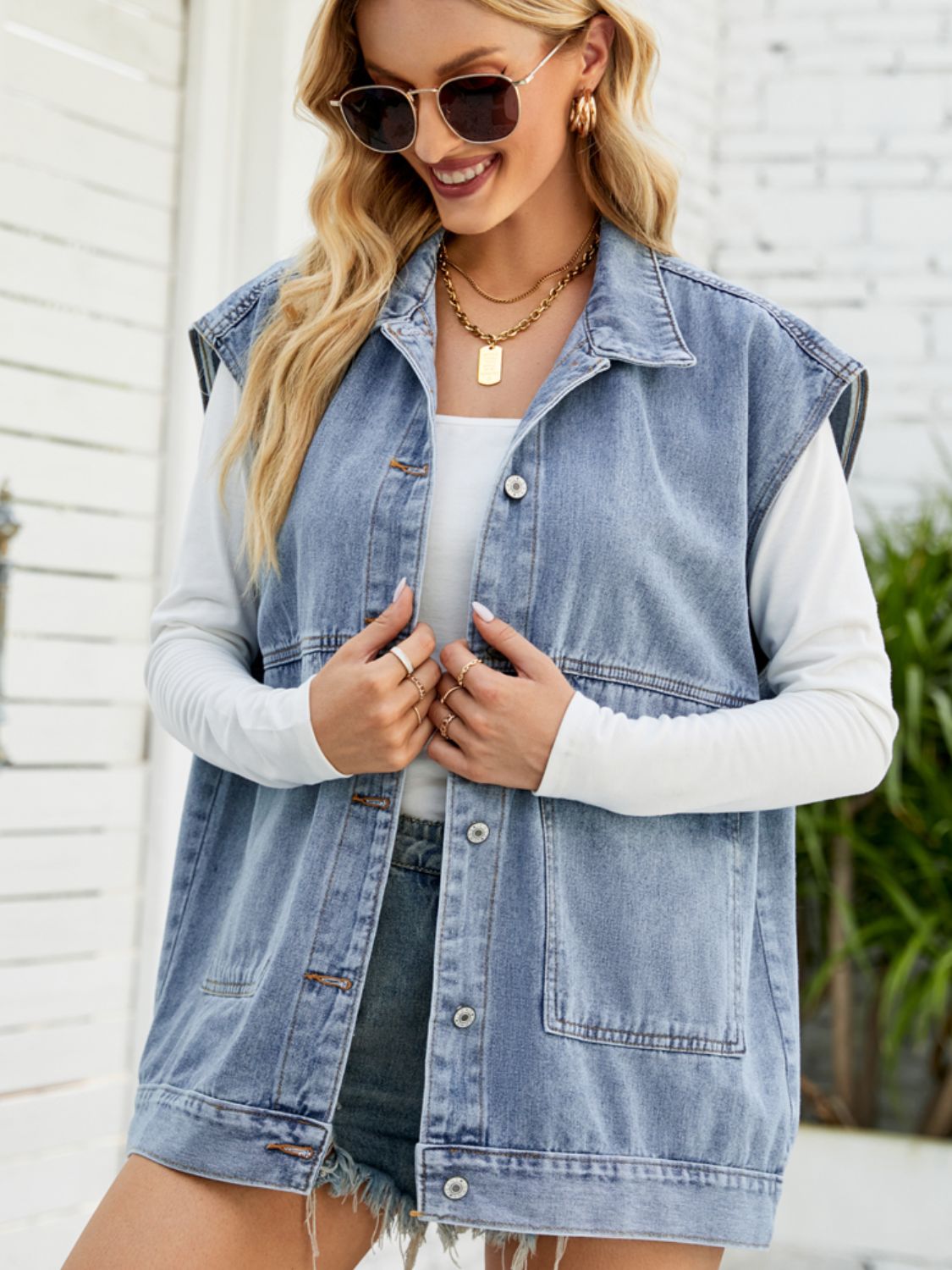 Collared Neck Sleeveless Denim Top with Pockets-Teresa&#39;s Fashionista LLC