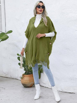 Fringe Trim Buttoned Hooded Poncho-Teresa's Fashionista LLC