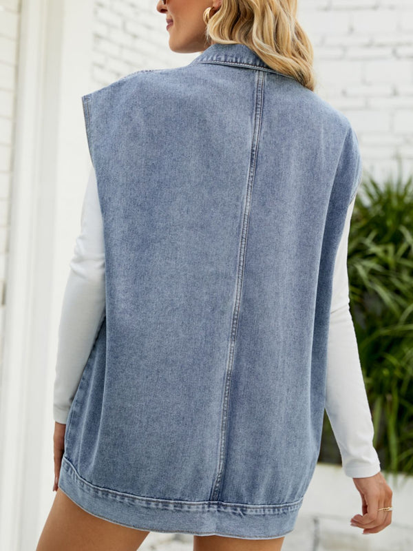 Collared Neck Sleeveless Denim Top with Pockets-Teresa's Fashionista LLC