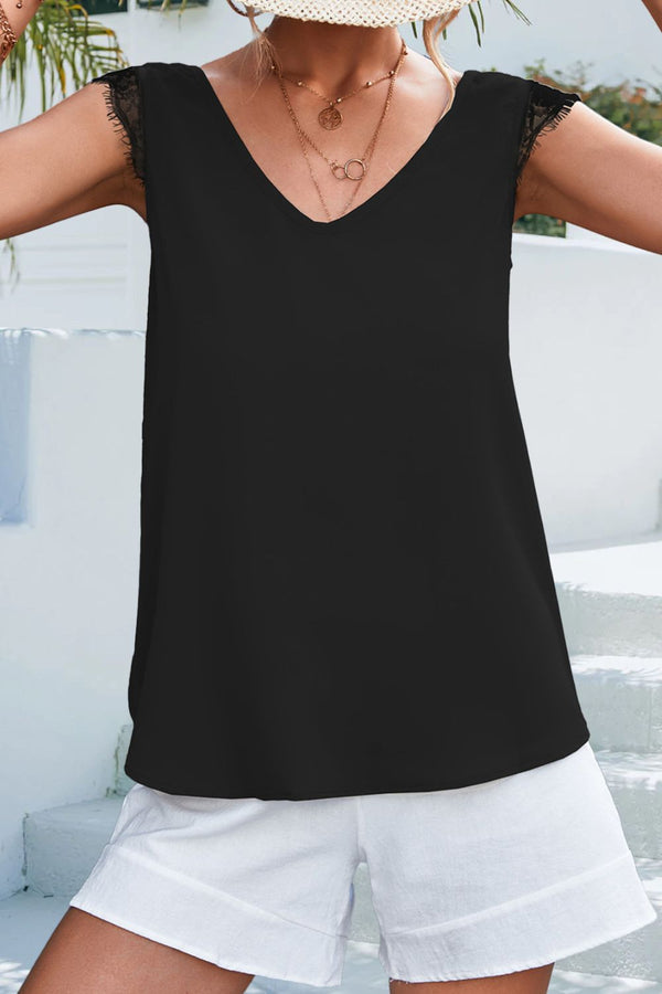 Lace Detail Eyelash Trim V-Neck Tank-Teresa's Fashionista LLC