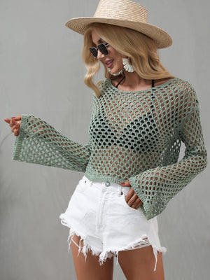 Openwork Flare Sleeve Cropped Cover Up-Teresa's Fashionista LLC