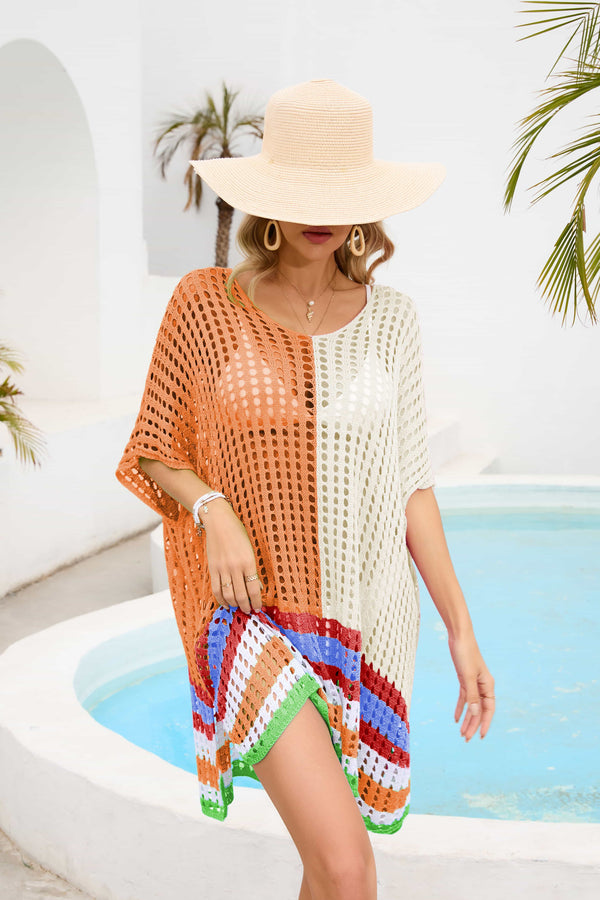 Contrast Scoop Neck Openwork Half Sleeve Cover Up-Teresa's Fashionista LLC