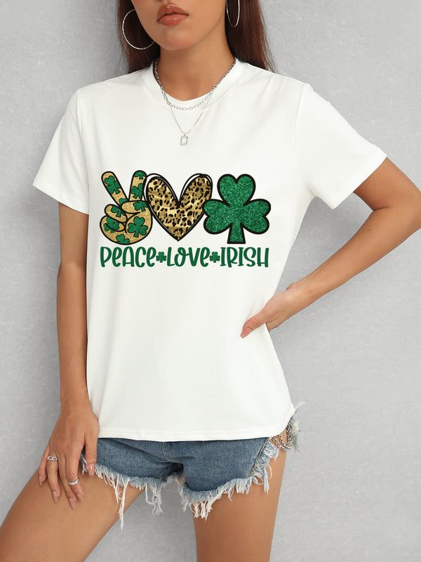 PEACE LOVE IRISH Round Neck Short Sleeve T-Shirt-Teresa's Fashionista LLC