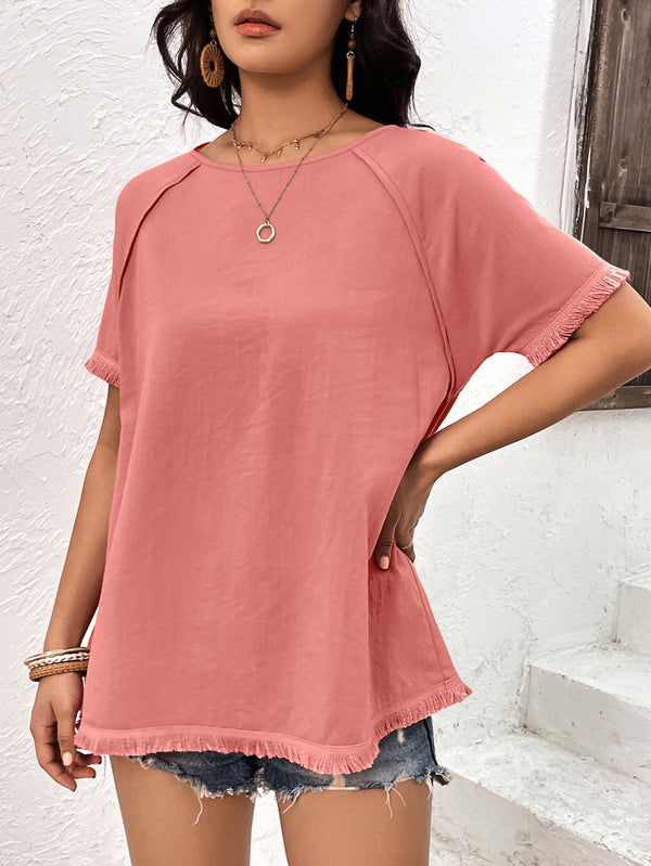 Round Neck Raglan Sleeve Fringe Detail Top-Teresa's Fashionista LLC