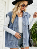 Collared Neck Sleeveless Denim Top with Pockets-Teresa's Fashionista LLC