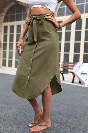 Tie Belt Frill Trim Buttoned Skirt-Teresa's Fashionista LLC