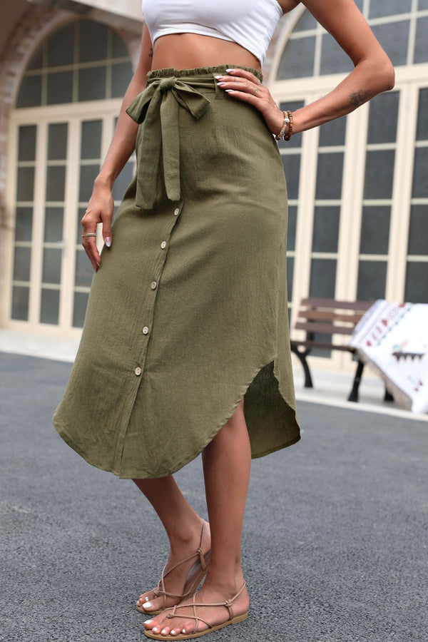 Tie Belt Frill Trim Buttoned Skirt-Teresa's Fashionista LLC