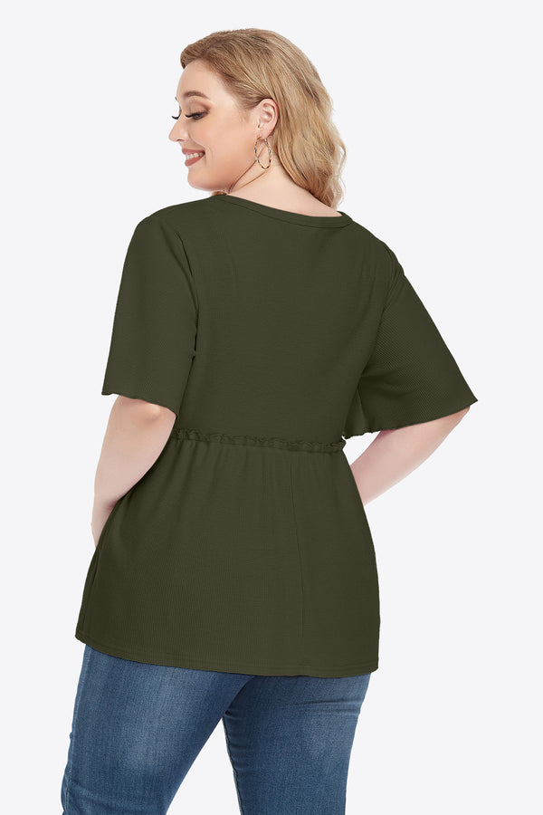 Plus Size Buttoned V-Neck Frill Trim Babydoll Blouse-Teresa's Fashionista LLC