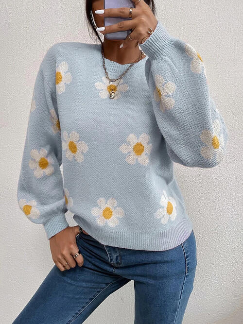 Flower Round Neck Latern Sleeve Sweater-Teresa's Fashionista LLC