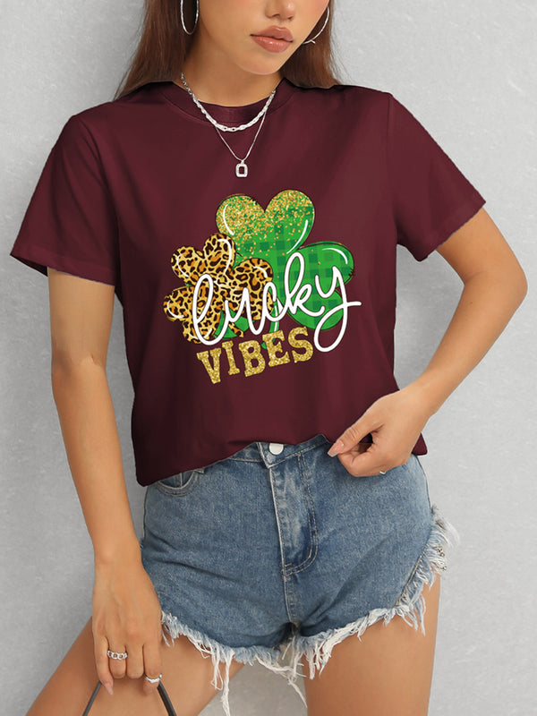 LUCKY VIBES Round Neck Short Sleeve T-Shirt-Teresa's Fashionista LLC