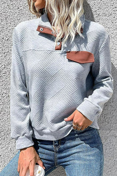 Contrast Ribbed Quarter-Snap Sweatshirt-Teresa's Fashionista LLC