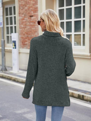 Ribbed Turtleneck Long Sleeve Slit Knit Top-Teresa's Fashionista LLC