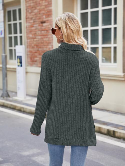 Ribbed Turtleneck Long Sleeve Slit Knit Top-Teresa's Fashionista LLC