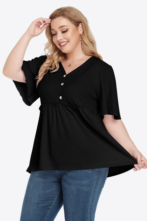 Plus Size Buttoned V-Neck Frill Trim Babydoll Blouse-Teresa's Fashionista LLC