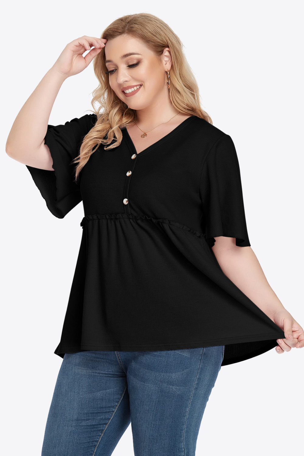 Plus Size Buttoned V-Neck Frill Trim Babydoll Blouse-Teresa&#39;s Fashionista LLC