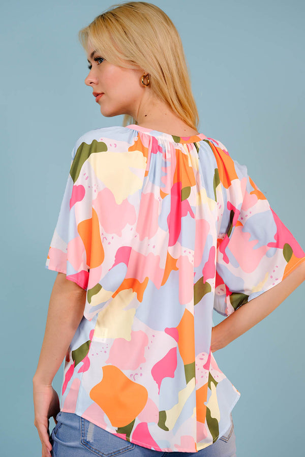 Printed Notched Neck Half Sleeve Blouse-Teresa's Fashionista LLC