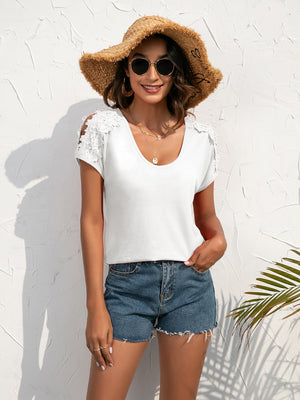 Spliced Lace Cold-Shoulder Blouse-Teresa's Fashionista LLC
