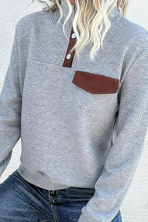 Contrast Ribbed Quarter-Snap Sweatshirt-Teresa's Fashionista LLC