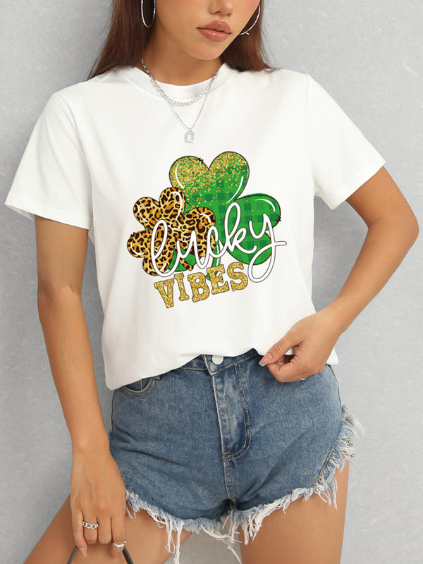 LUCKY VIBES Round Neck Short Sleeve T-Shirt-Teresa's Fashionista LLC