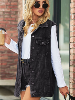 Collared Neck Sleeveless Denim Top with Pockets-Teresa's Fashionista LLC