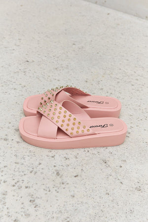 Forever Link Studded Cross Strap Sandals in Blush-Teresa's Fashionista LLC