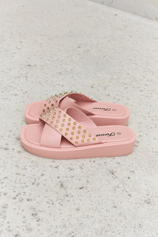 Forever Link Studded Cross Strap Sandals in Blush-Teresa's Fashionista LLC