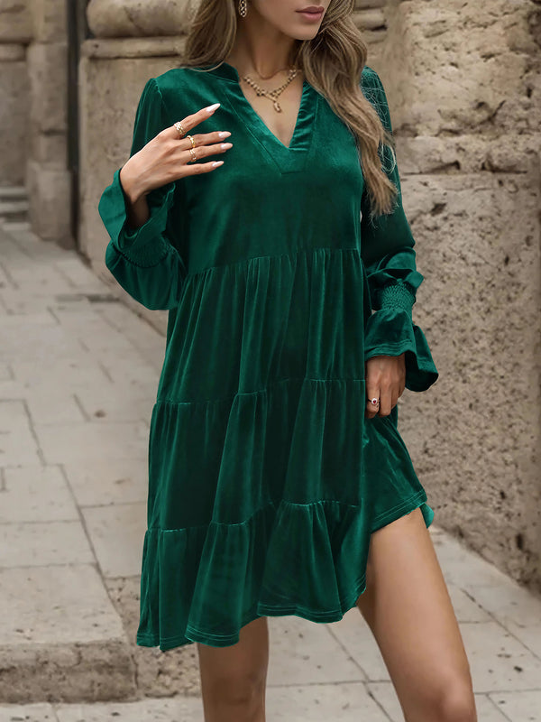 Notched Long Sleeve Tiered Dress-Teresa's Fashionista LLC