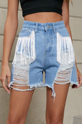 Fringe Trim Distressed Denim Shorts with Pockets-Teresa's Fashionista LLC