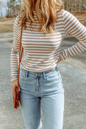 Striped Mock Neck Long Sleeve Top-Teresa's Fashionista LLC