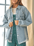 Collared Neck Raw Hem Dropped Shoulder Denim Jacket-Teresa's Fashionista LLC