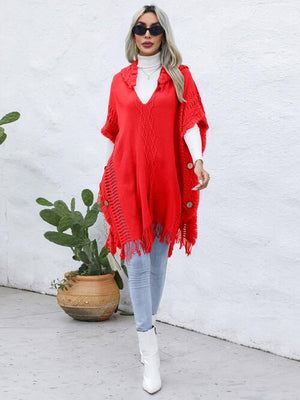 Fringe Trim Buttoned Hooded Poncho-Teresa's Fashionista LLC