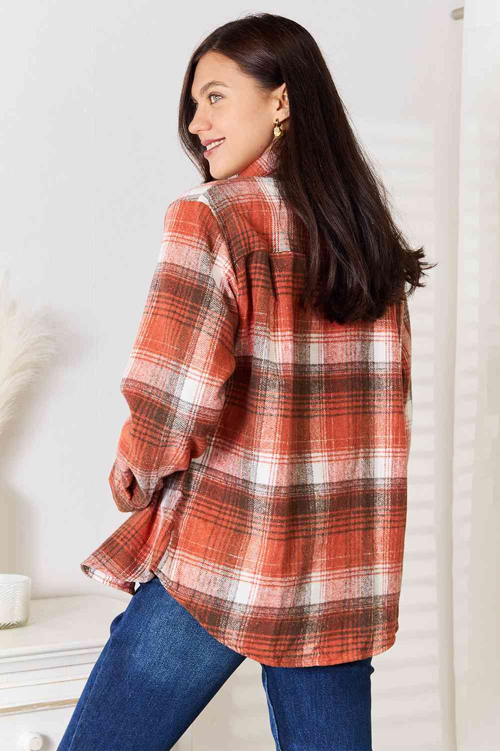 Double Take Plaid Collared Neck Long Sleeve Shirt-Teresa's Fashionista LLC