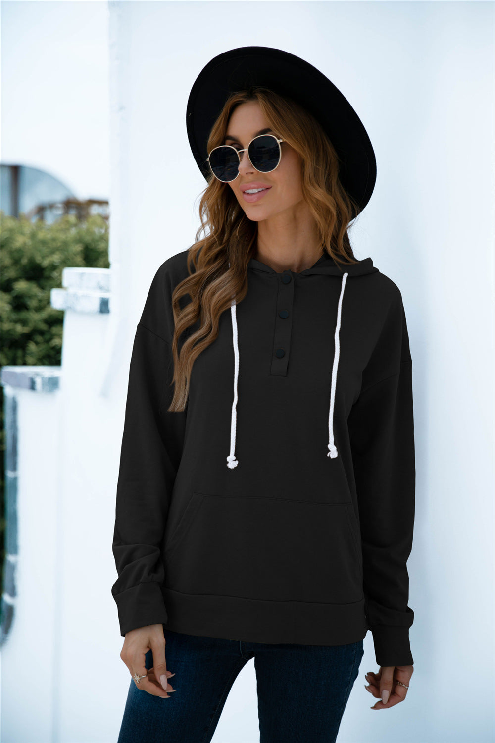 Quarter Snap Drawstring Hoodie with Kangaroo Pocket-Teresa&#39;s Fashionista LLC