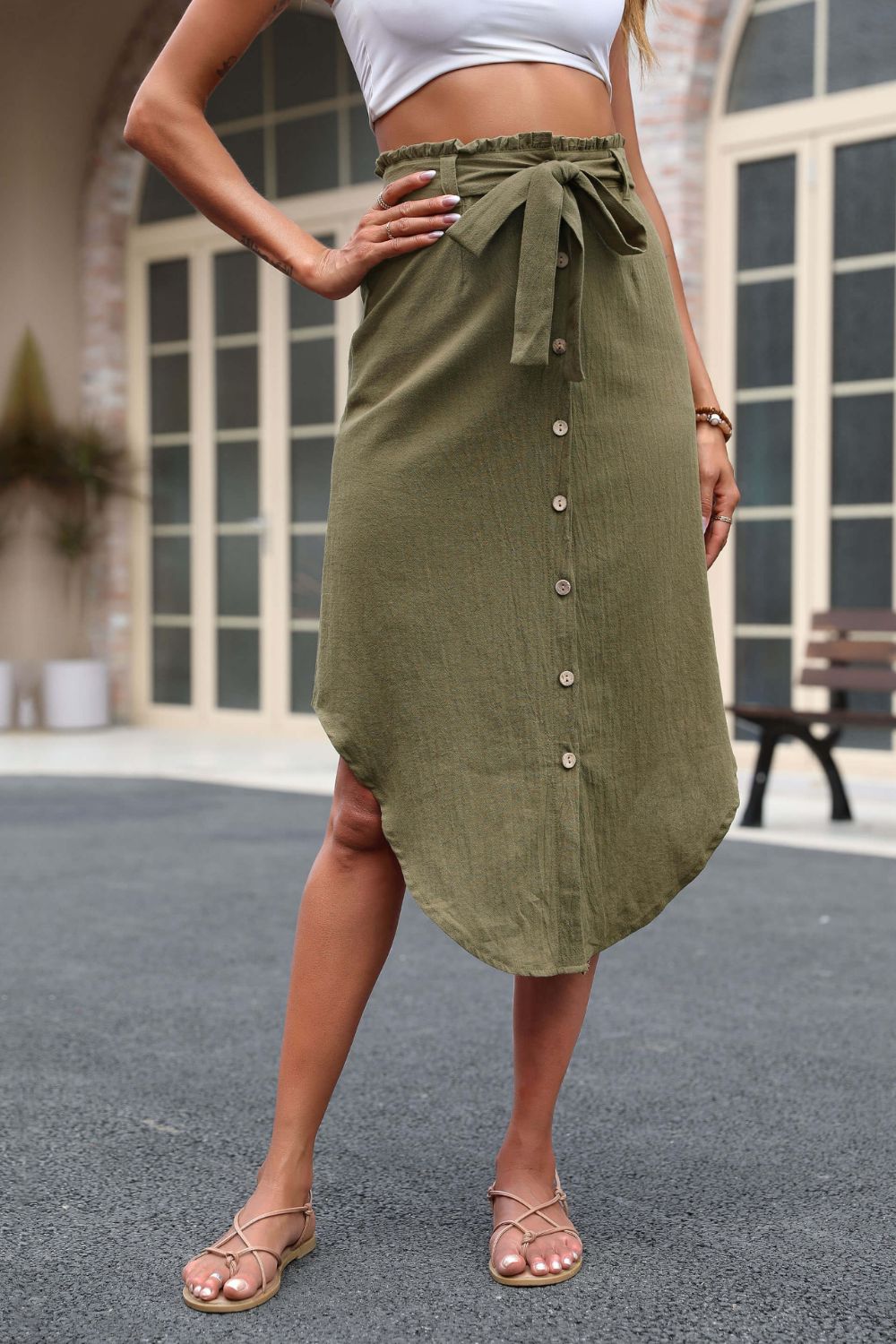 Tie Belt Frill Trim Buttoned Skirt-Teresa's Fashionista LLC
