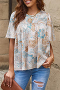 Printed Round Neck Short Sleeve Blouse-Teresa's Fashionista LLC
