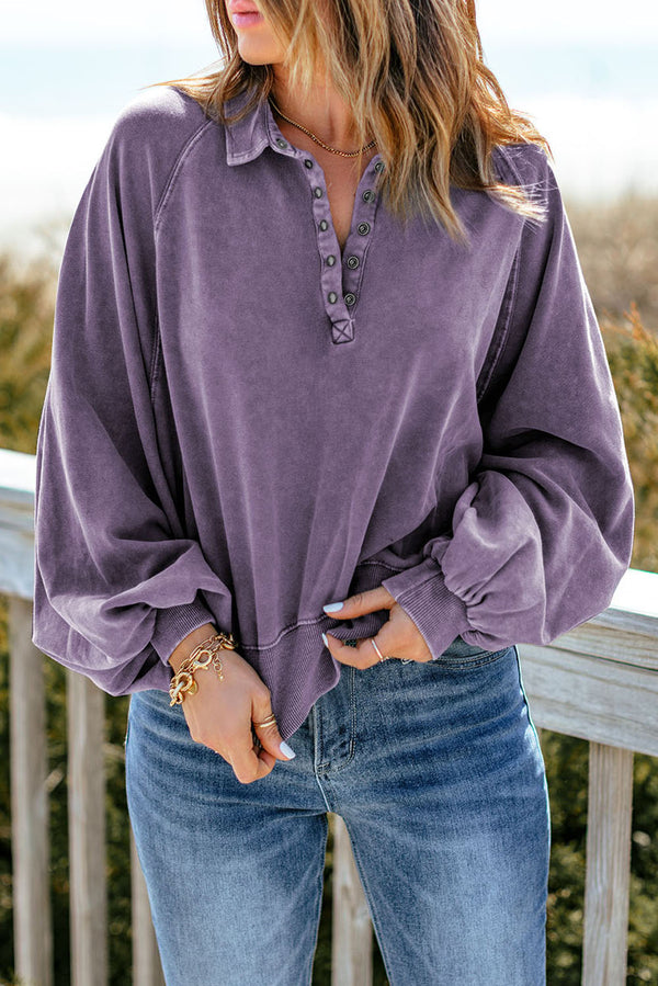 Quarter-Snap Collared Lantern Sleeve Sweatshirt-Teresa's Fashionista LLC