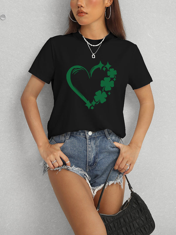 Heart Lucky Clover Round Neck Short Sleeve T-Shirt-Teresa's Fashionista LLC