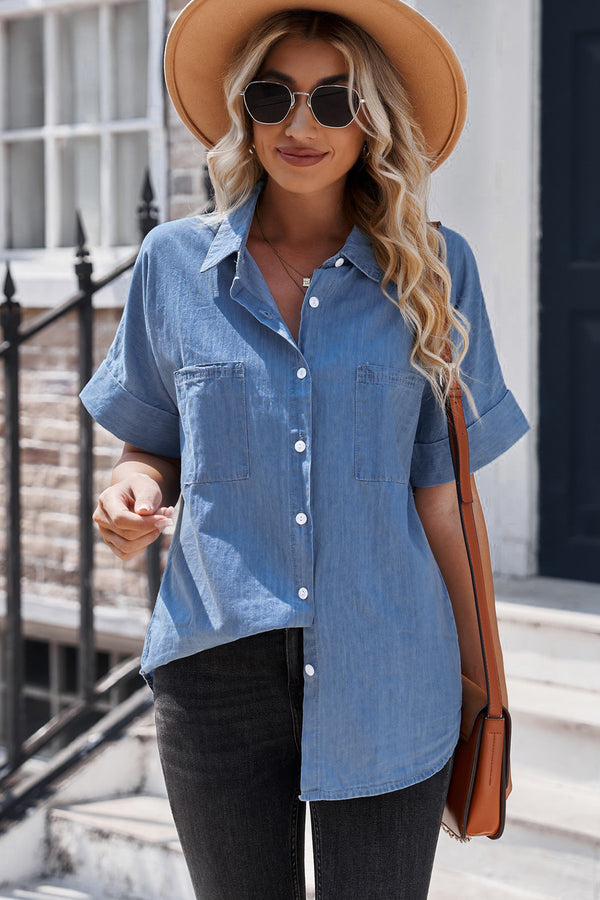 Button Front Collared Short Sleeve Shirt-Teresa's Fashionista LLC