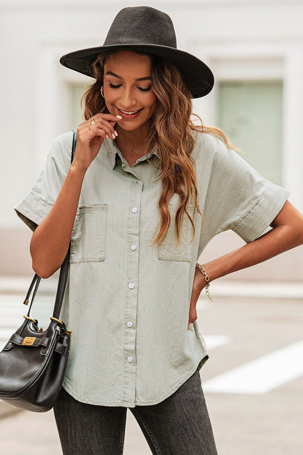 Button Front Collared Short Sleeve Shirt-Teresa's Fashionista LLC