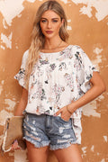 Floral Boat Neck Flounce Sleeve Blouse-Teresa's Fashionista LLC
