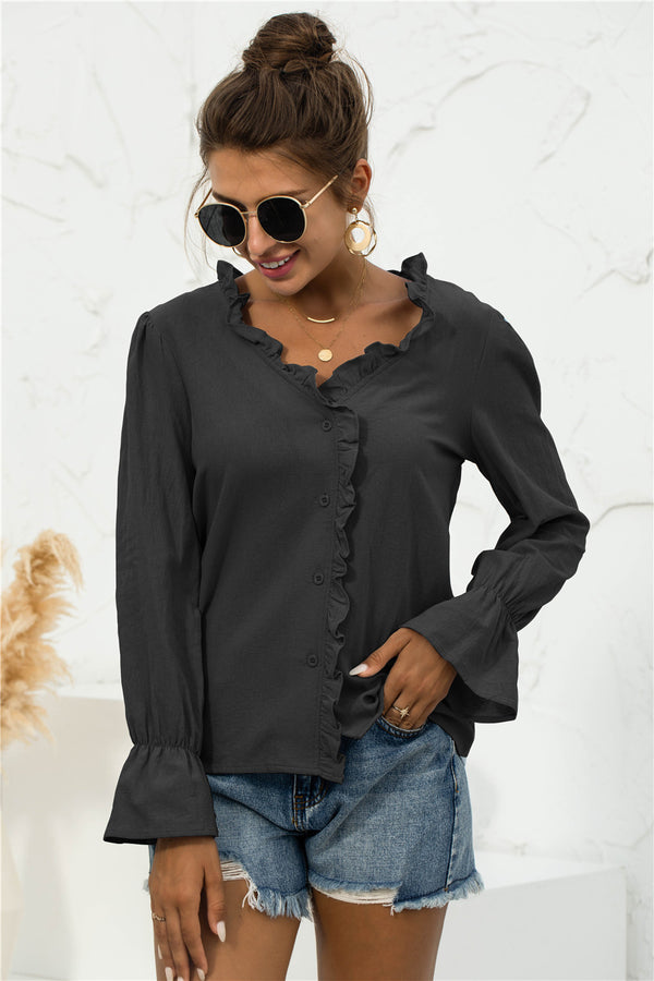 Frill Trim V-Neck Flounce Sleeve Shirt-Teresa's Fashionista LLC