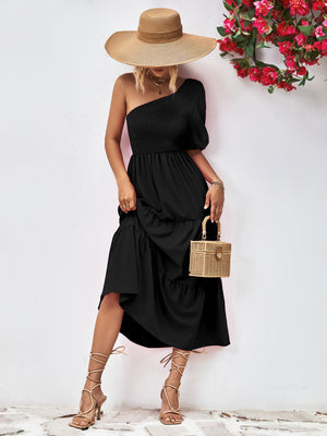 Smocked One-Shoulder Midi Dress-Teresa's Fashionista LLC