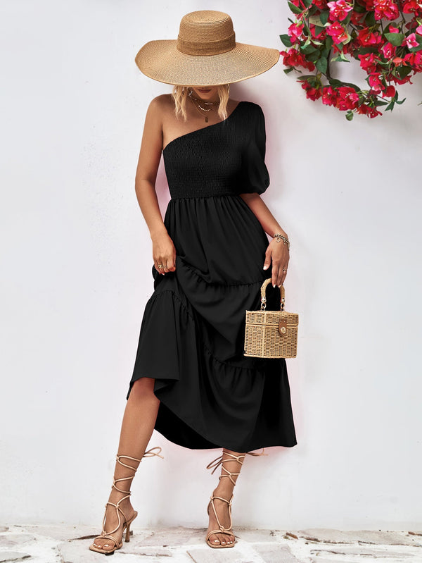 Smocked One-Shoulder Midi Dress-Teresa's Fashionista LLC