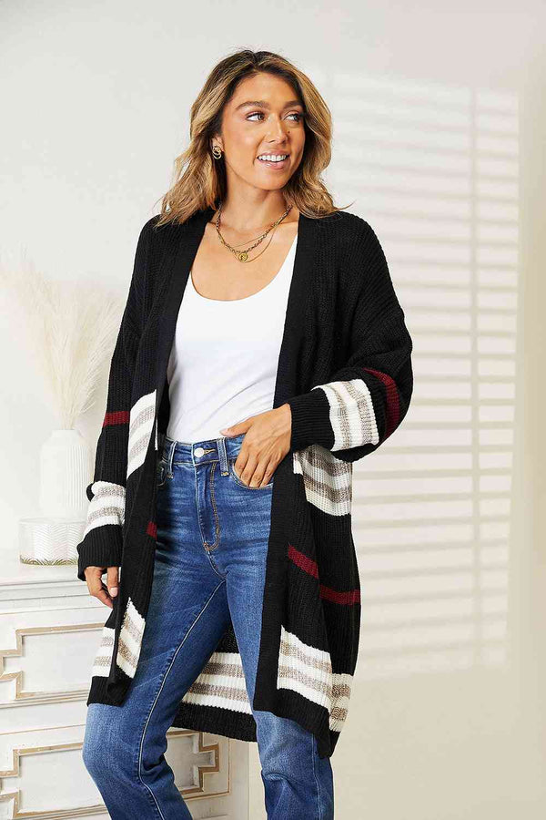 Double Take Striped Rib-Knit Drop Shoulder Open Front Cardigan-Teresa's Fashionista LLC