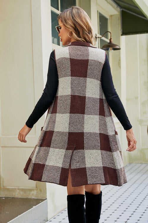 Plaid Open Front Sleeveless Cardigan with Pockets-Teresa's Fashionista LLC