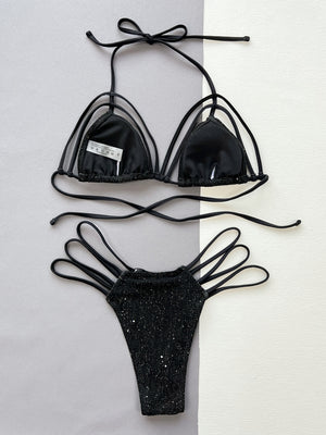 Glitter Halter Neck Strappy Two-Piece Bikini Set-Teresa's Fashionista LLC