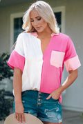Color Block Textured Johnny Collar Blouse-Teresa's Fashionista LLC